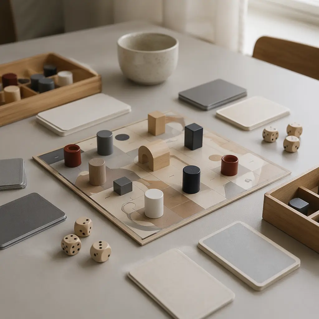 Modern board game components arranged on a table in soft natural light