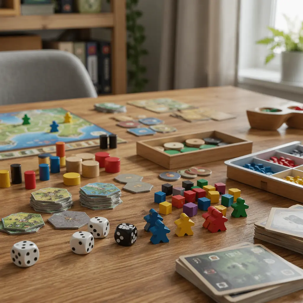 Board game components laid out on a table for teen-friendly gameplay