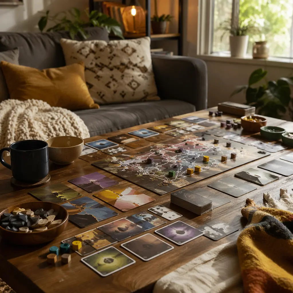 A welcoming table setup for teen board games in a living room