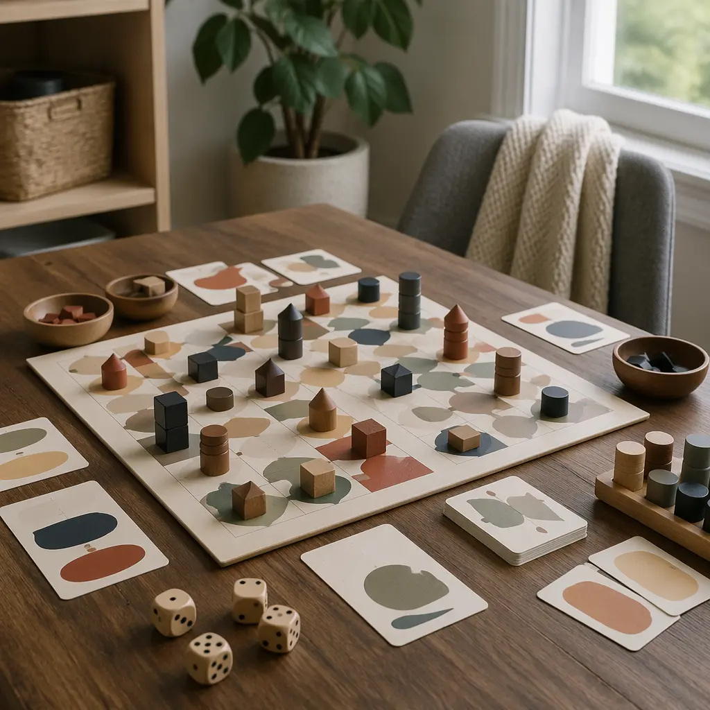 A screen-free board game setup with abstract pieces on a table in natural light