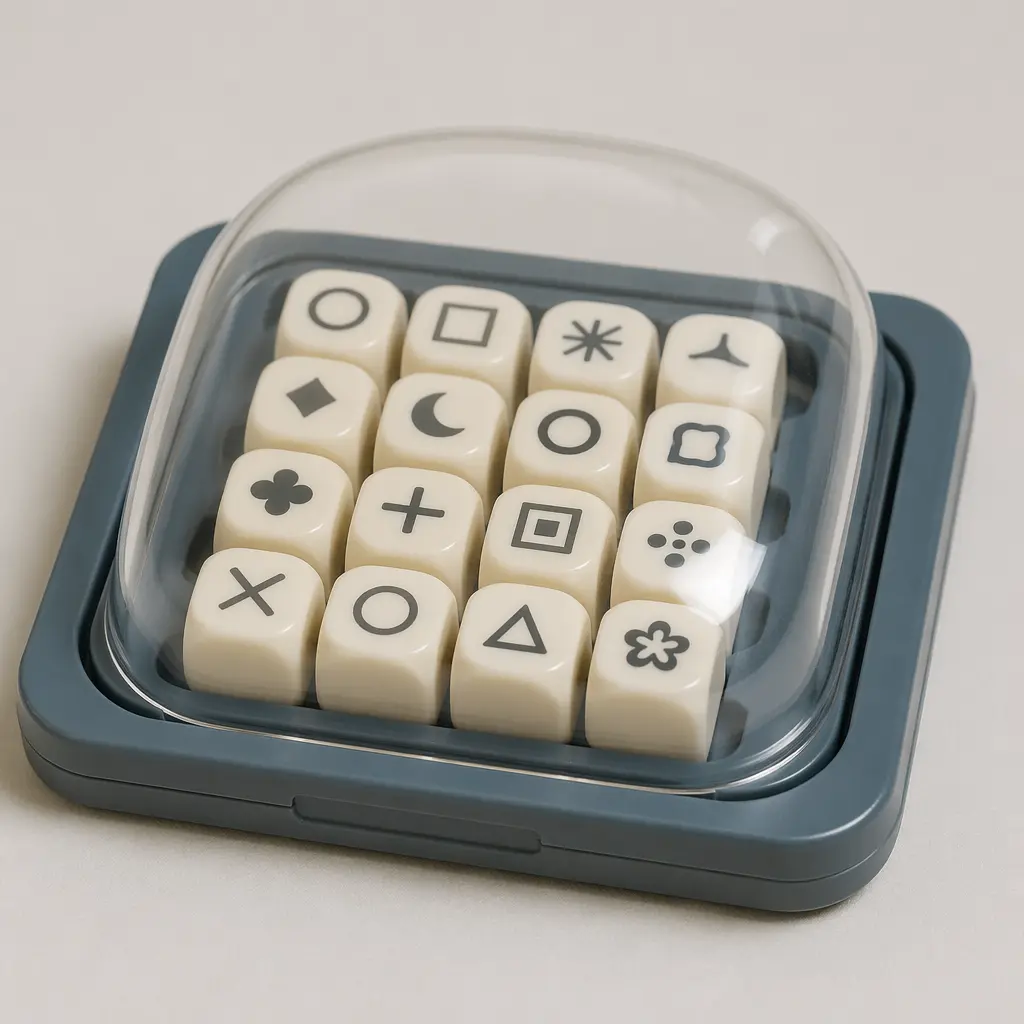 A classic shake-and-search word game tray with cube tiles under a clear dome