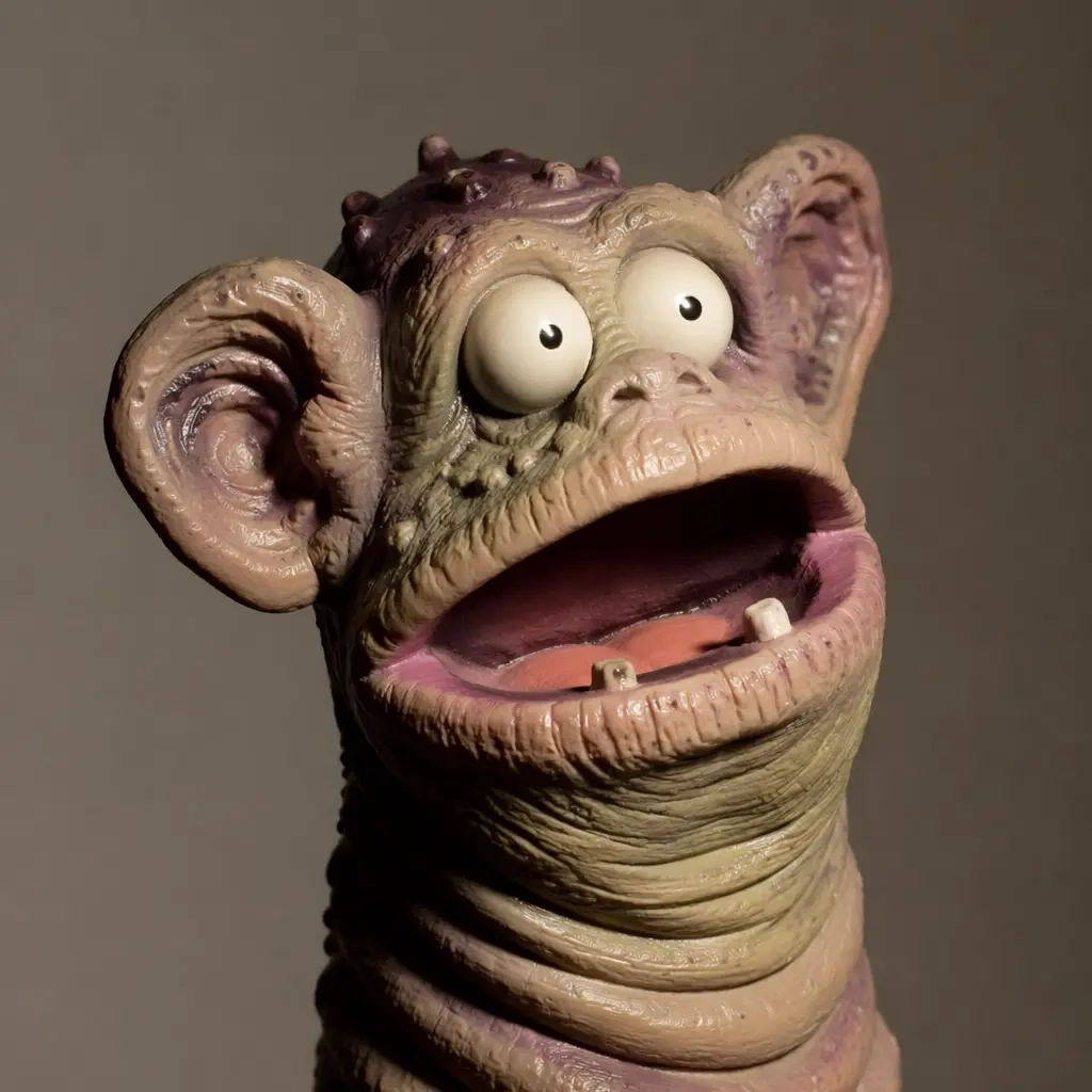 A rubbery monster hand puppet with exaggerated facial features, photographed in a studio setting.