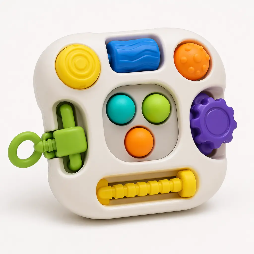 A colorful handheld electronic reflex toy with pull, twist, and press parts