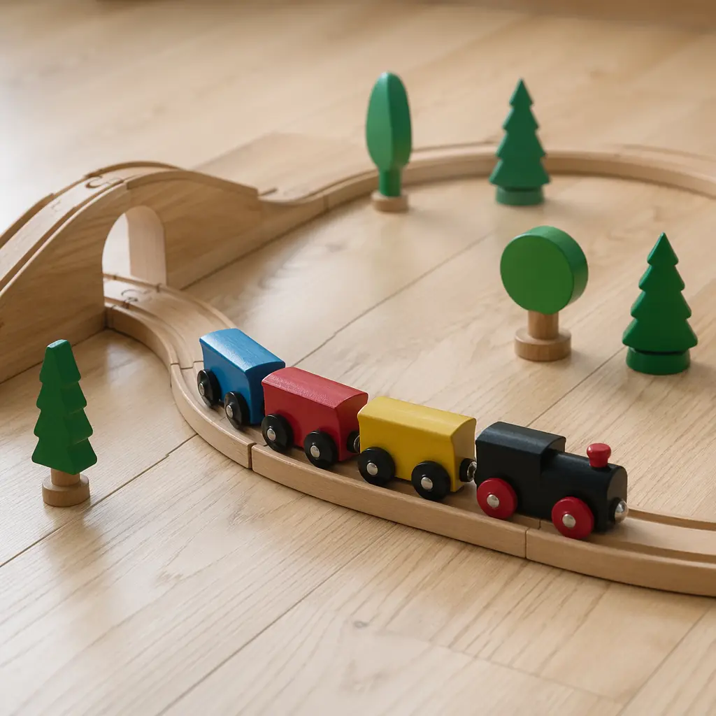 A classic wooden train set laid out with tracks and train cars