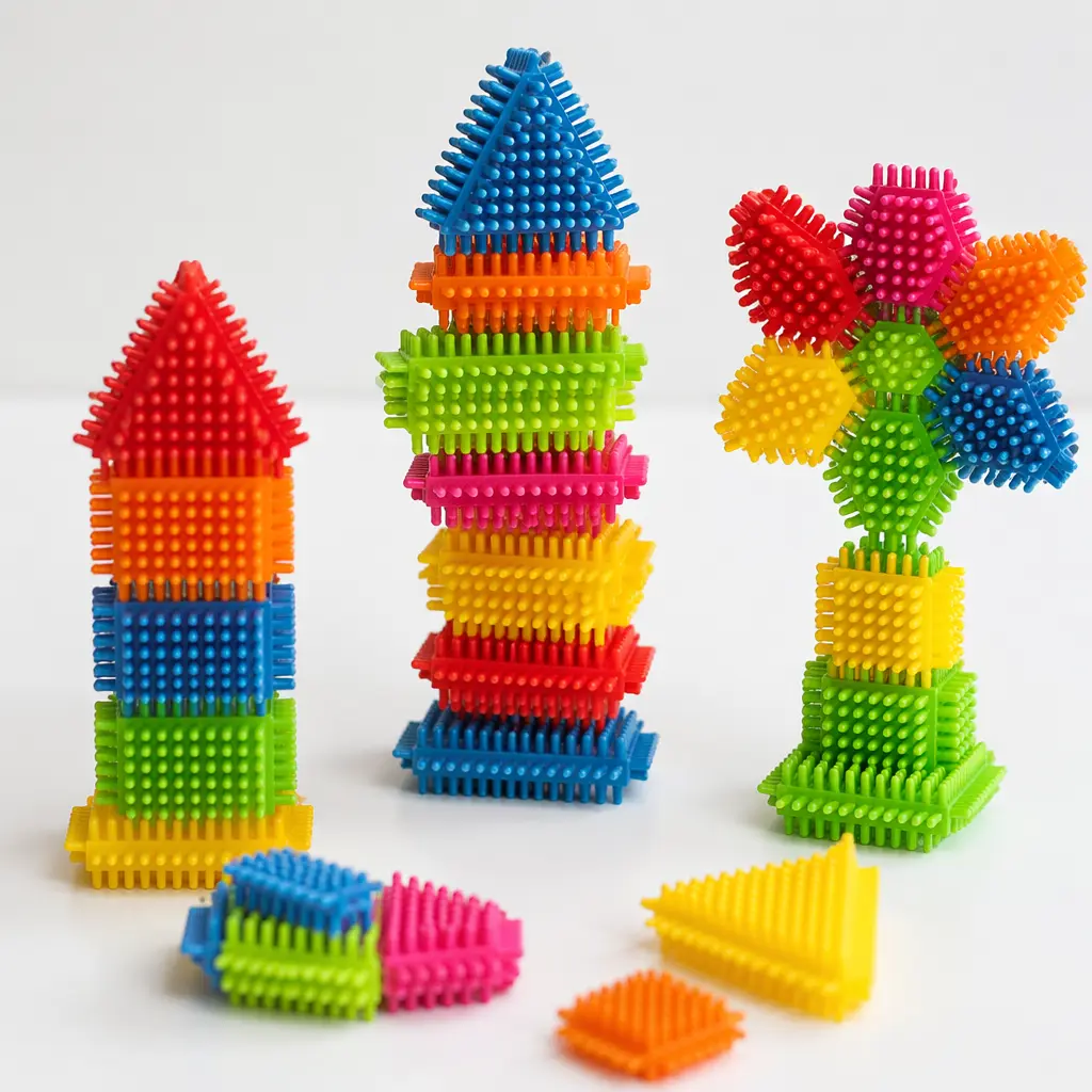 Colorful spiky building blocks connected into simple structures