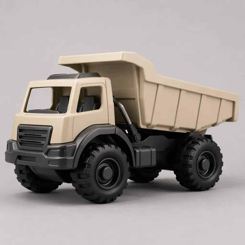 A realistic toy dump truck with working parts, photographed in a clean studio setting.