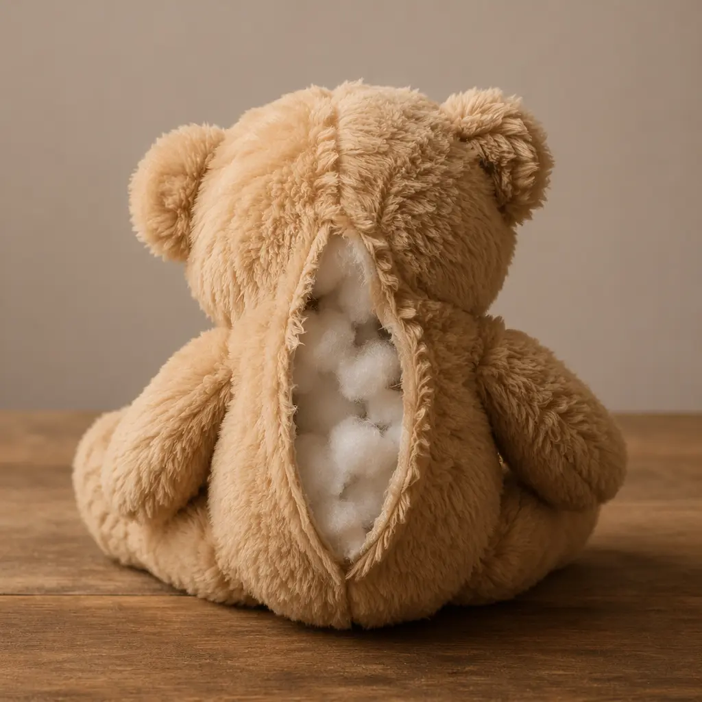 A teddy bear plush being stuffed, highlighting the hands-on making process