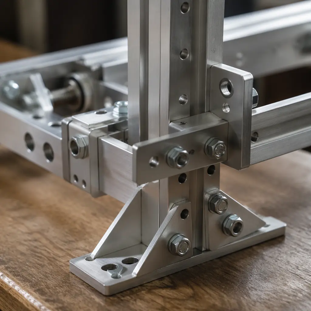 Close-up of metal beams and bolts assembled into a mechanical frame