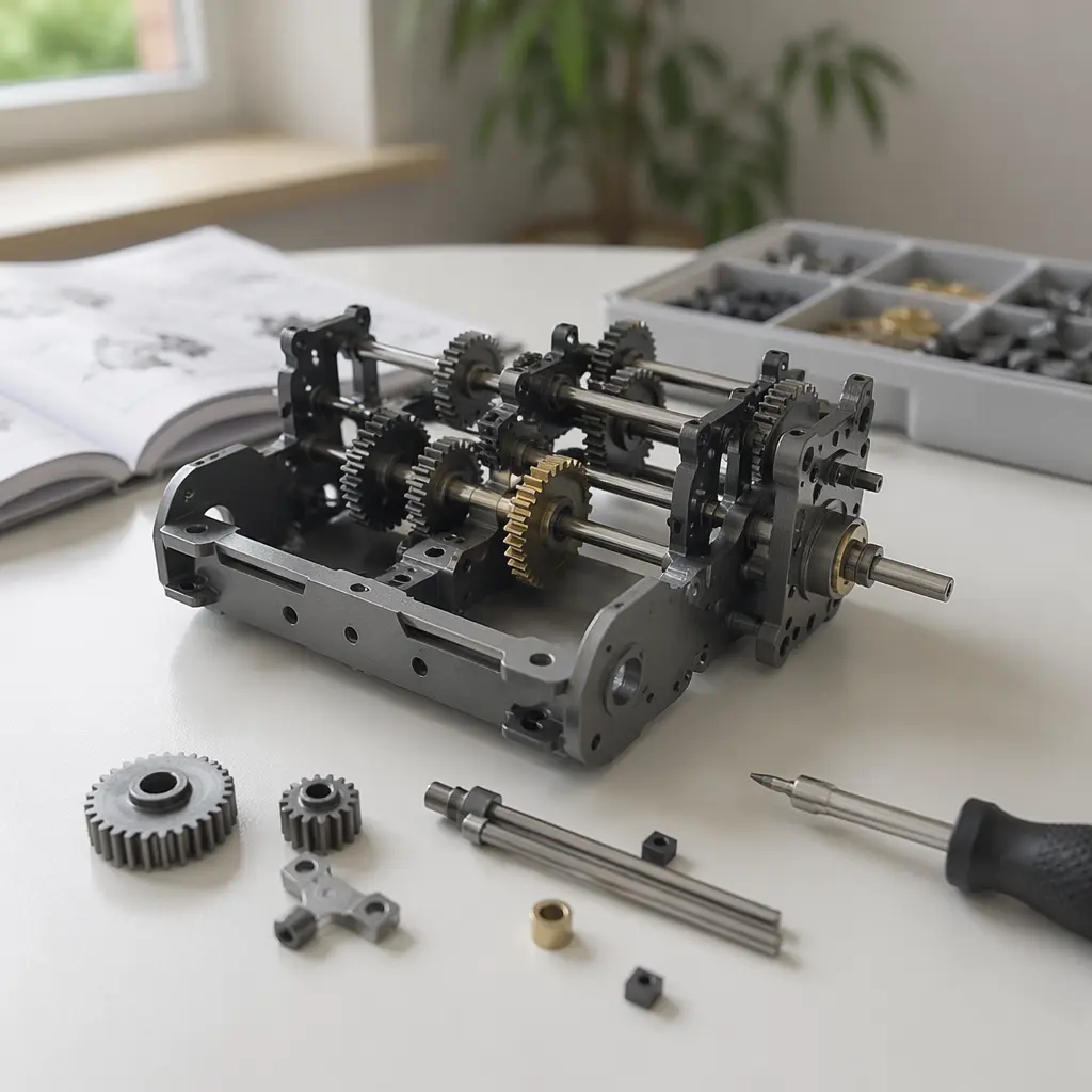 Partially assembled mechanical model with visible gears and axles