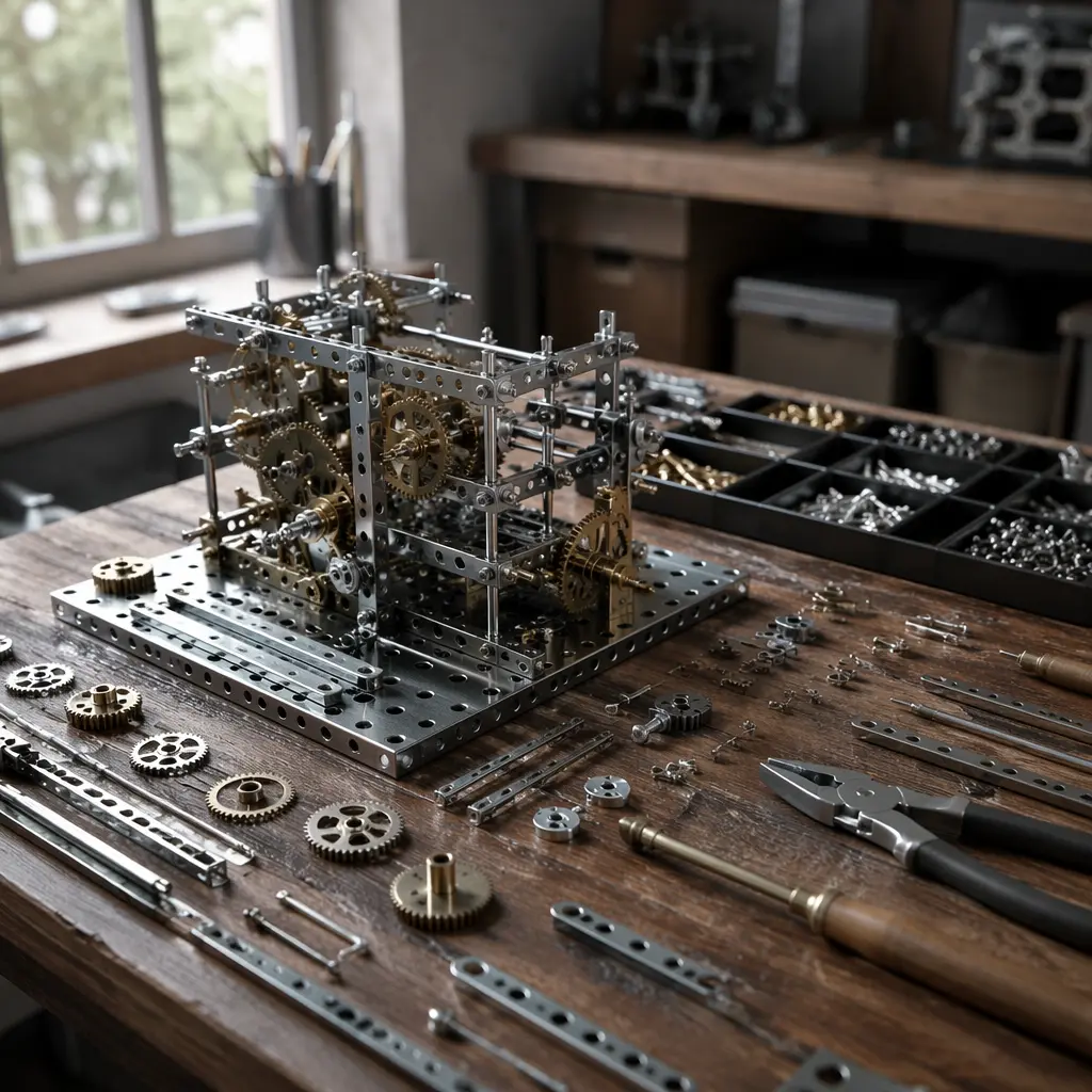 Mechanical building set with metal parts and hand tools on a workbench