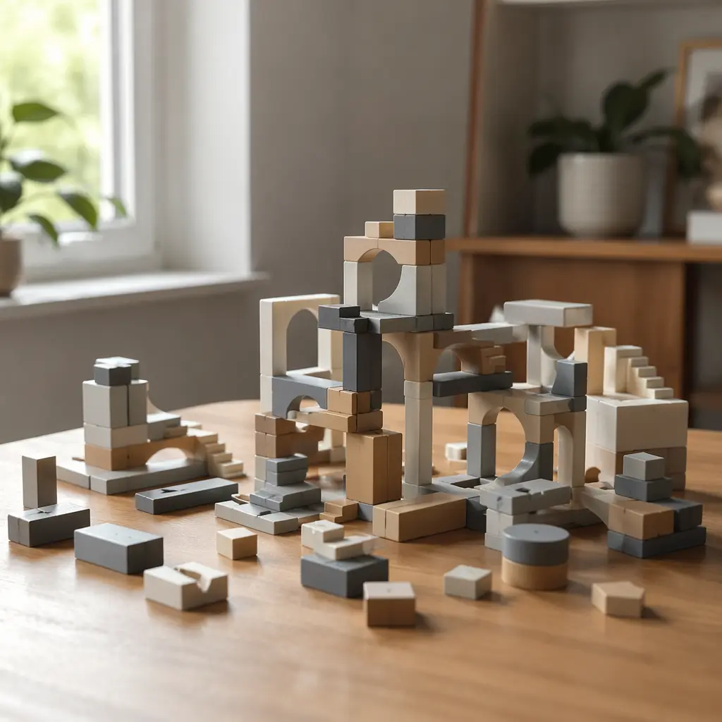 Open-ended building toys arranged in complex structures for older kids