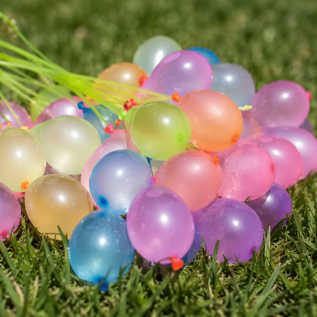 Clusters of colorful water balloons resting on grass, ready for a backyard water fight