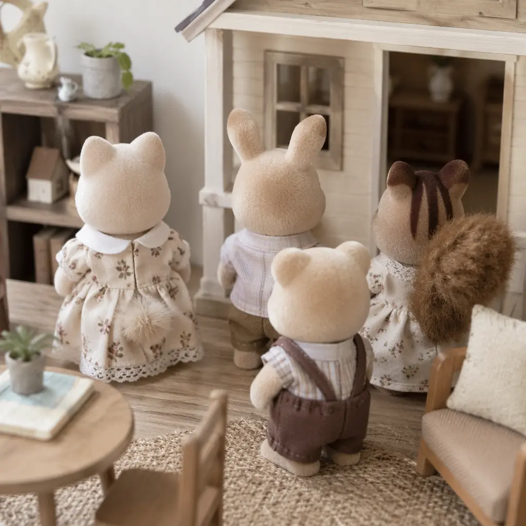 Softly lit miniature animal figurines and dollhouse furniture, shown without visible faces
