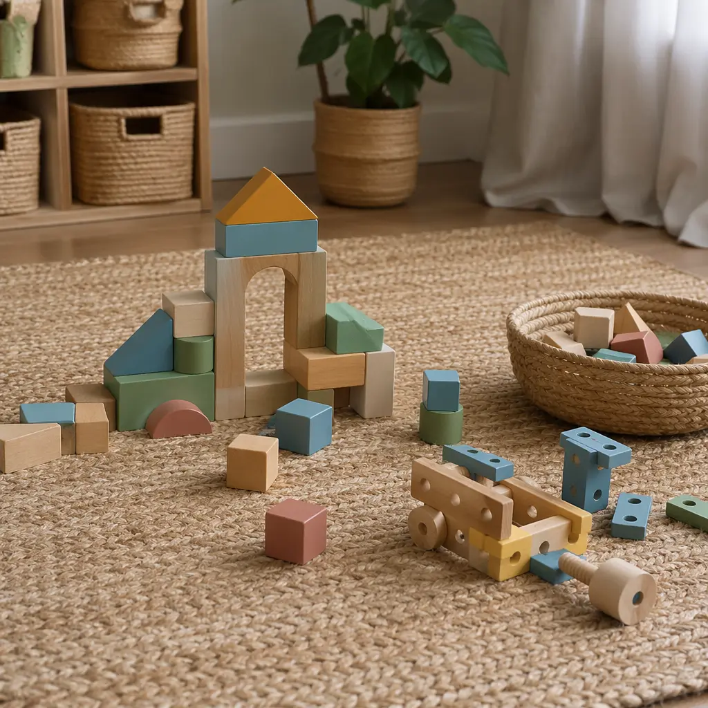 Quiet play area with simple building pieces arranged on a rug