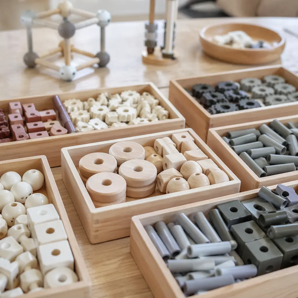 Neutral-toned building toys organized neatly on a table