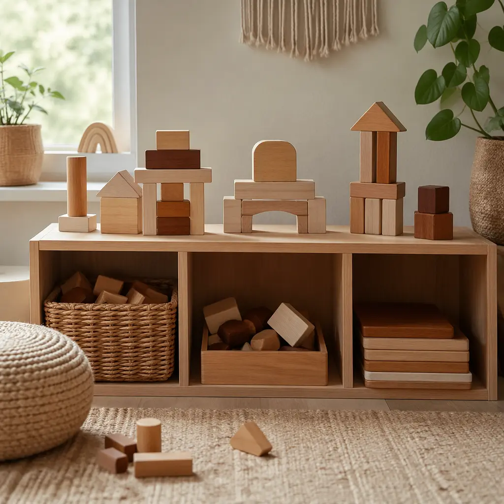 Calm playroom with neatly arranged wooden building toys in soft natural light