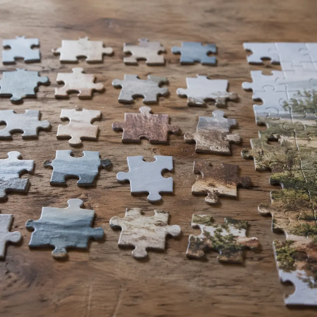 Neutral-colored puzzle pieces arranged on a wooden table