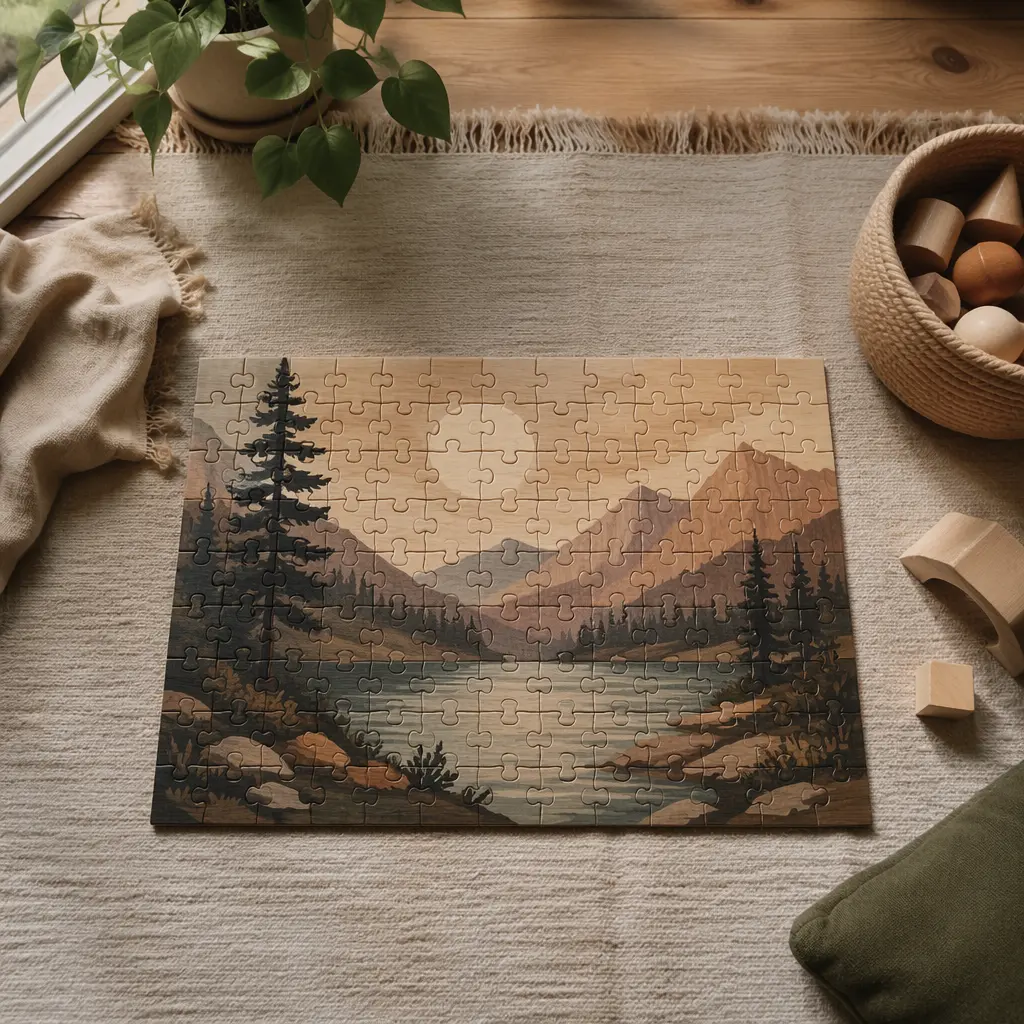 A completed wooden puzzle in a quiet play area