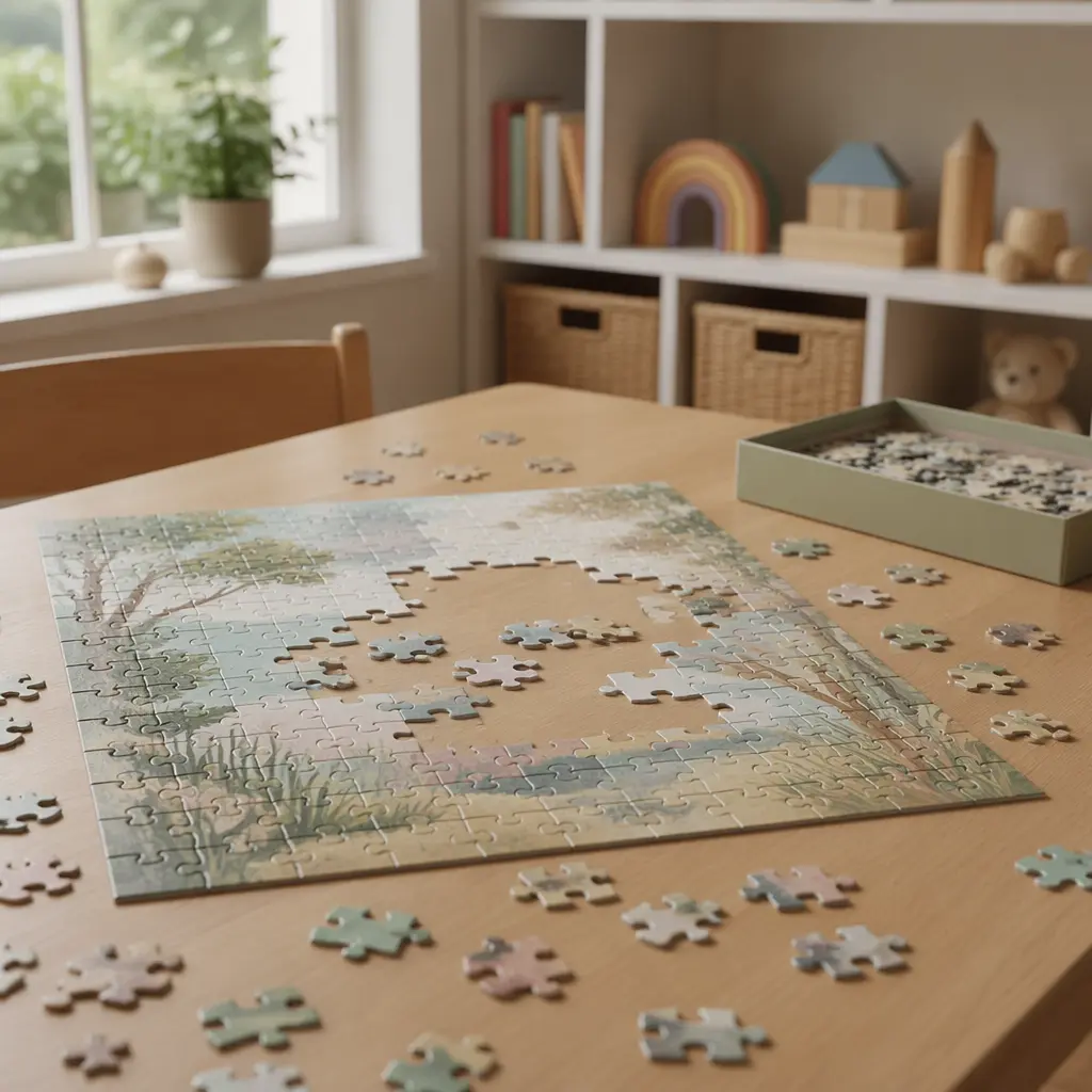 A calm puzzle setup on a table in soft natural light