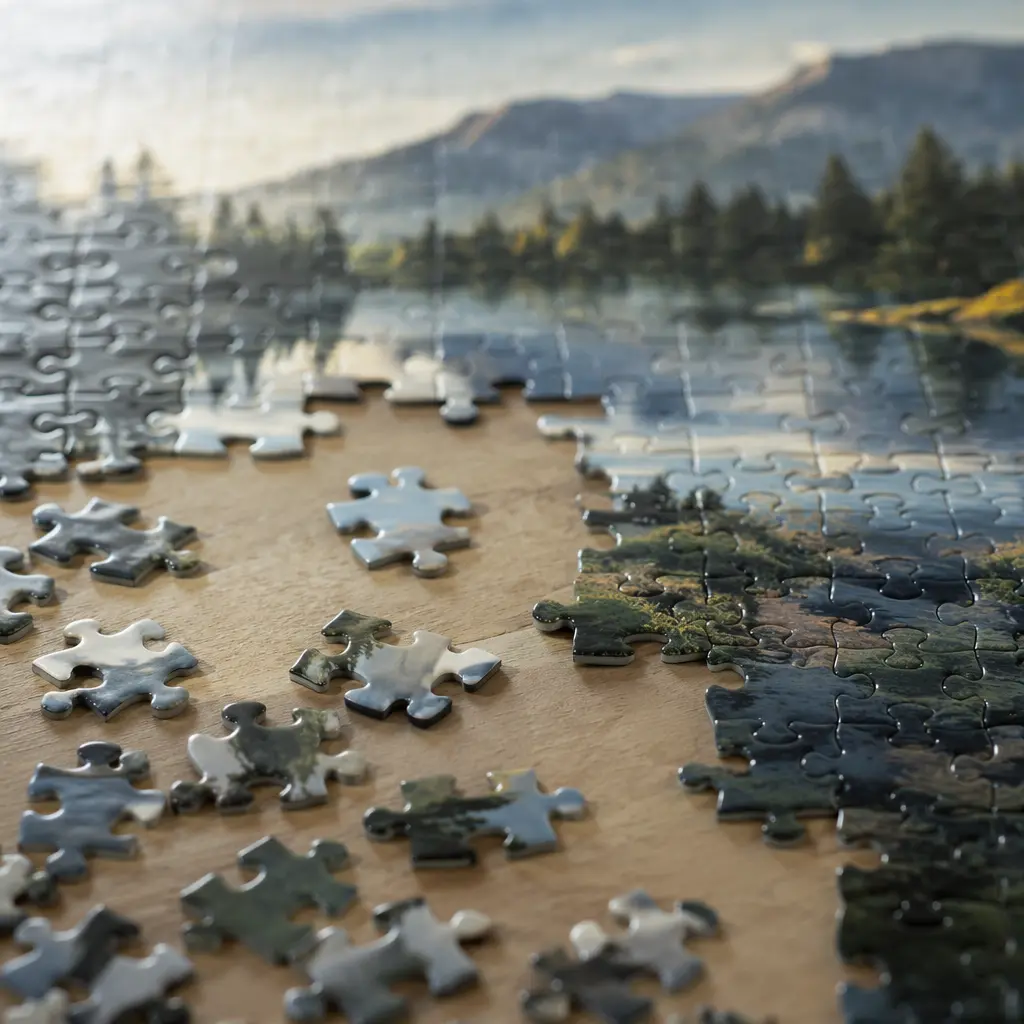 Partially completed puzzle on a table in soft light