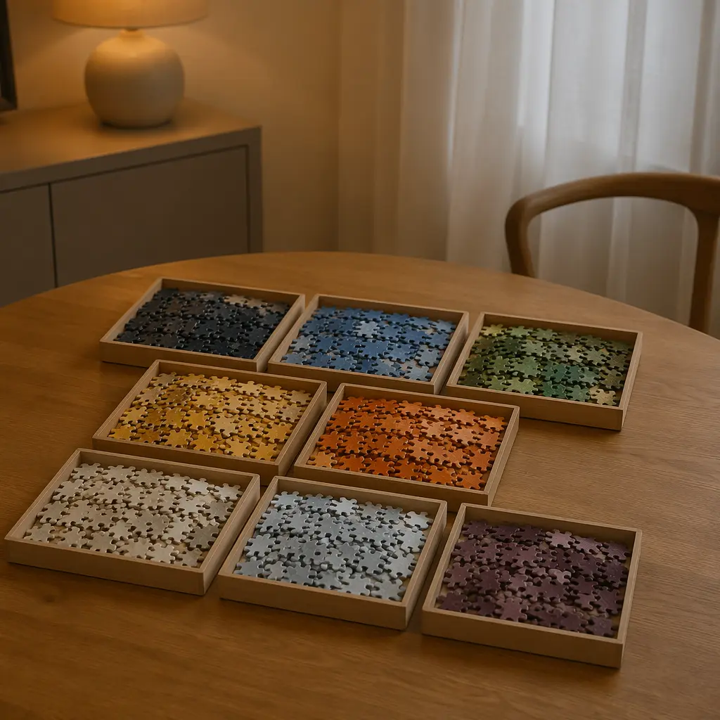 Sorted puzzle pieces arranged neatly on a table