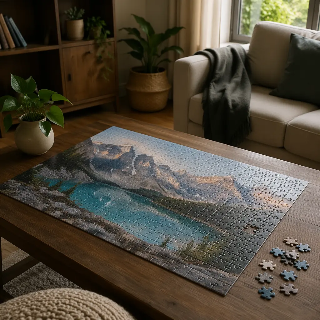 A calm living room with a puzzle set out for quiet play