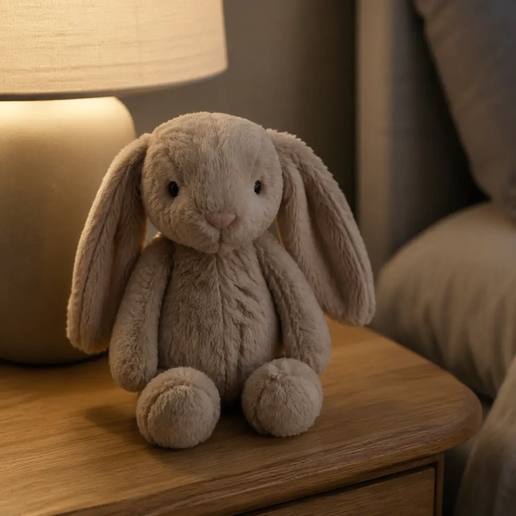 Close-up of a soft plush toy in a calm bedtime setting
