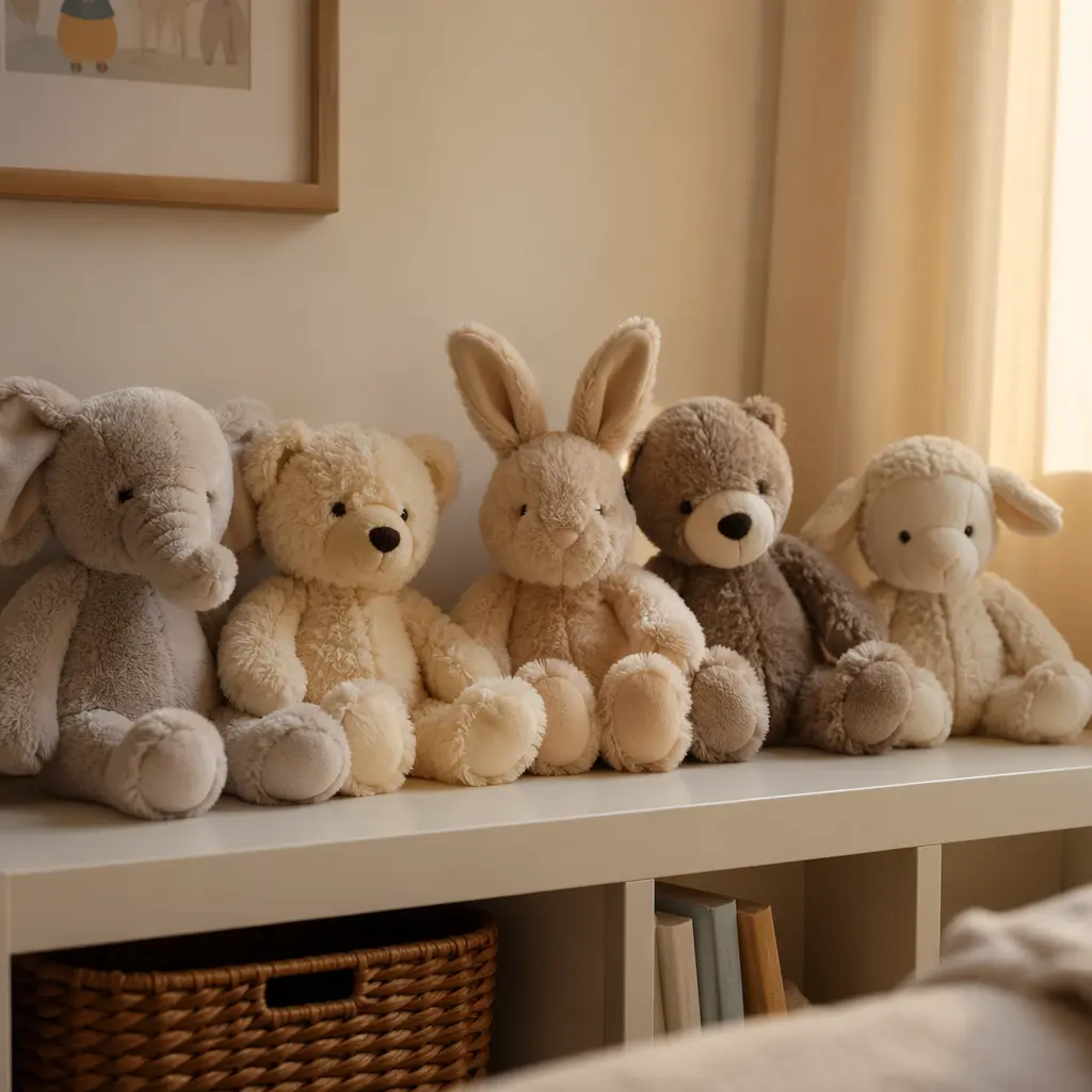 Neutral-colored plush toys displayed in a child’s bedroom