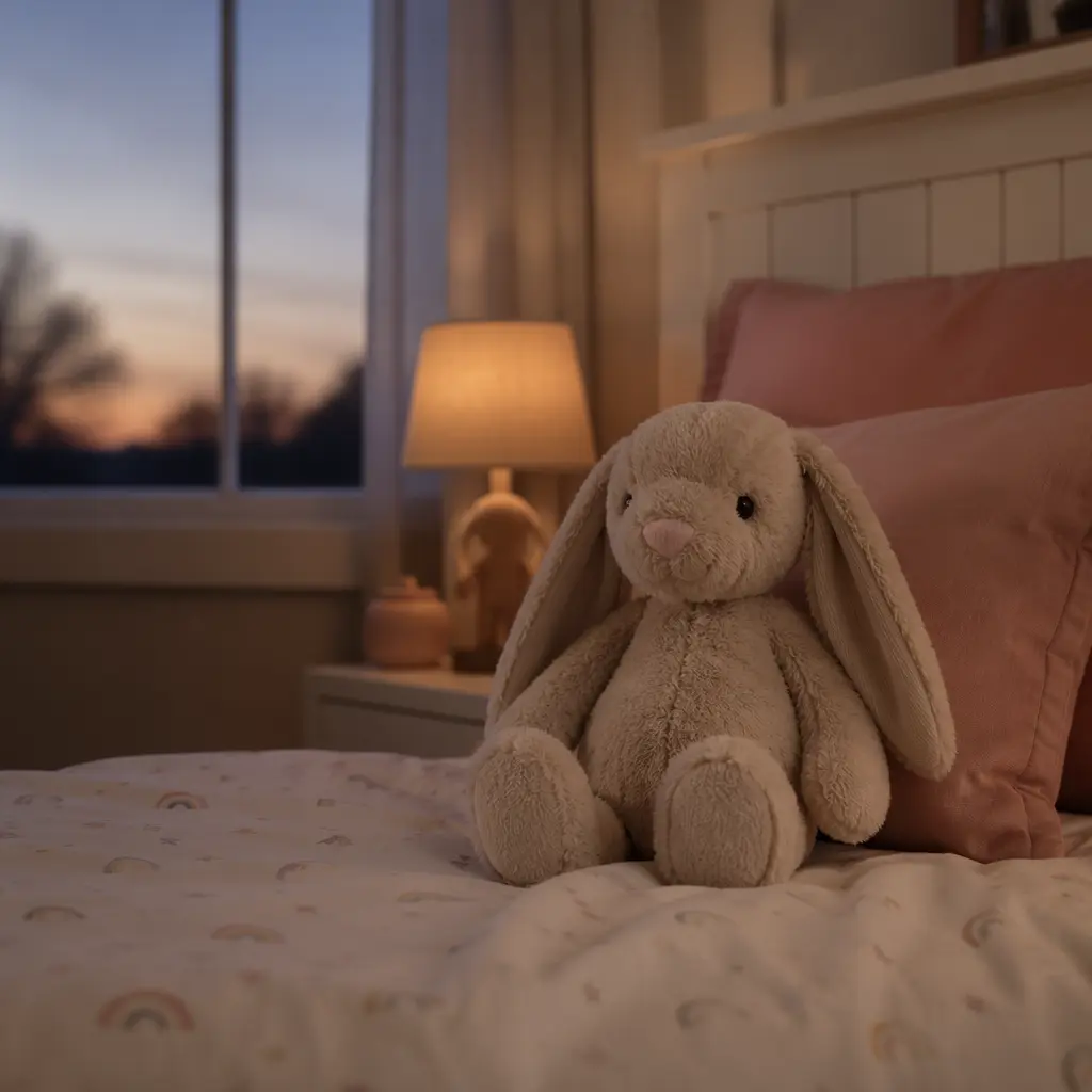 A calming plush toy placed on a child’s bed in a softly lit bedroom