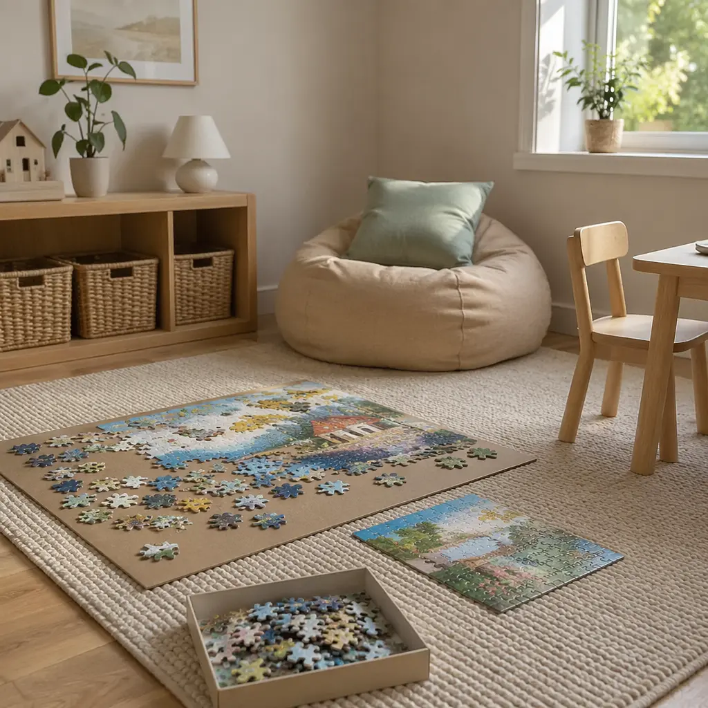 Calm playroom space with puzzles laid out for quiet play