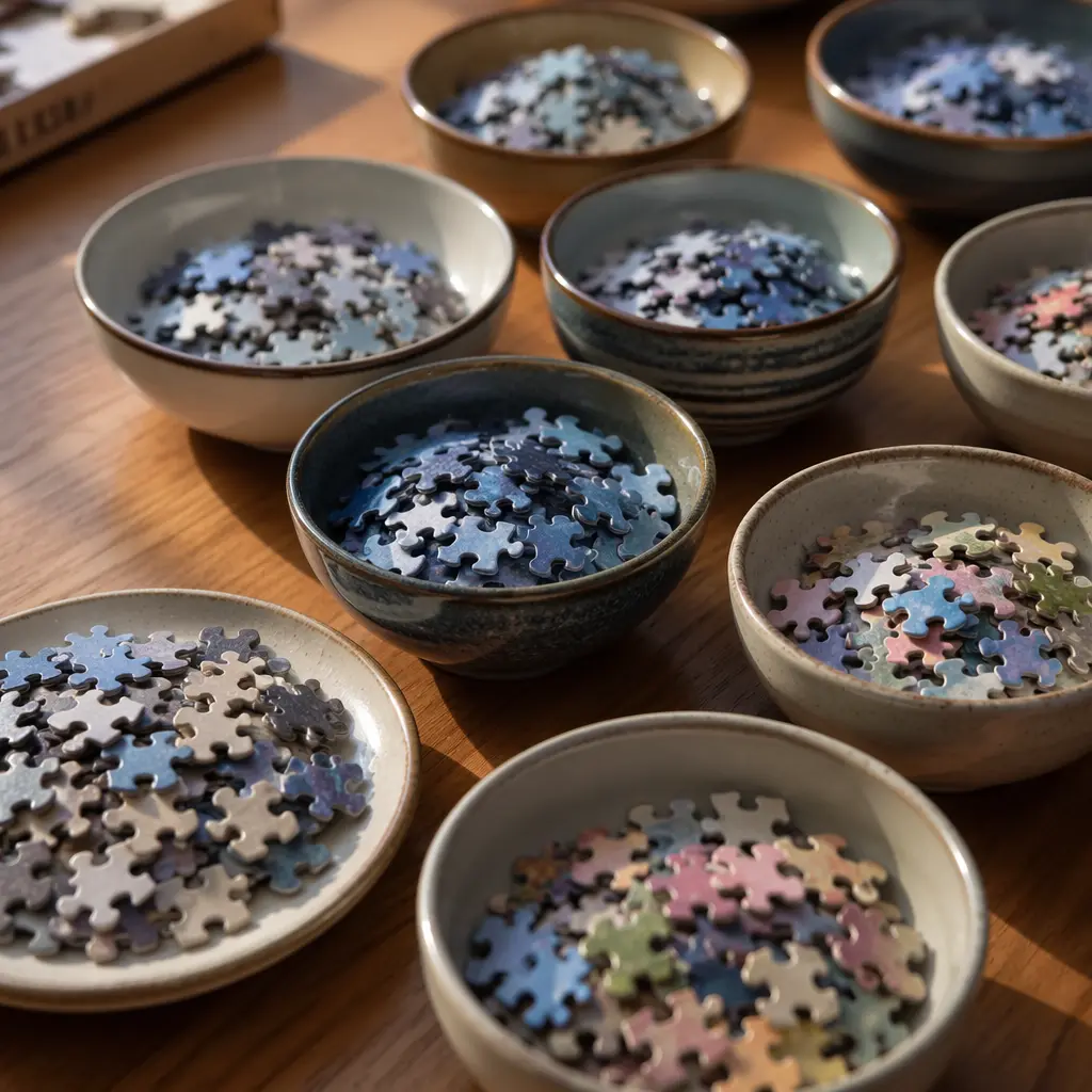 Puzzle pieces organized in bowls on a table
