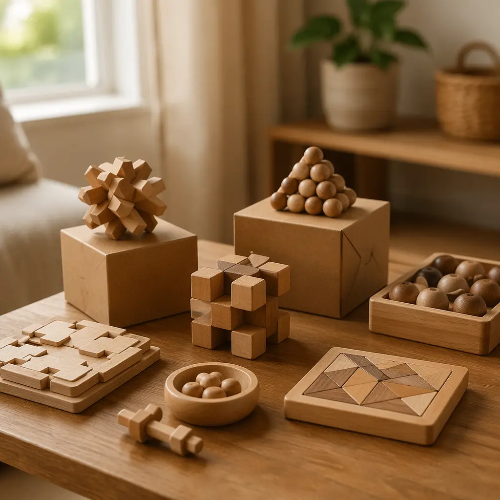 Quiet puzzle toys arranged on a table in soft natural light