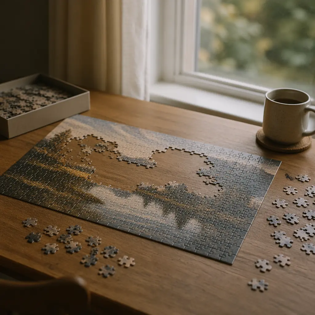 A wooden puzzle in progress on a table in soft natural light