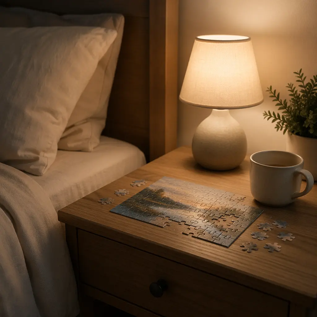 A puzzle toy placed on a bedside table in a calm evening setting