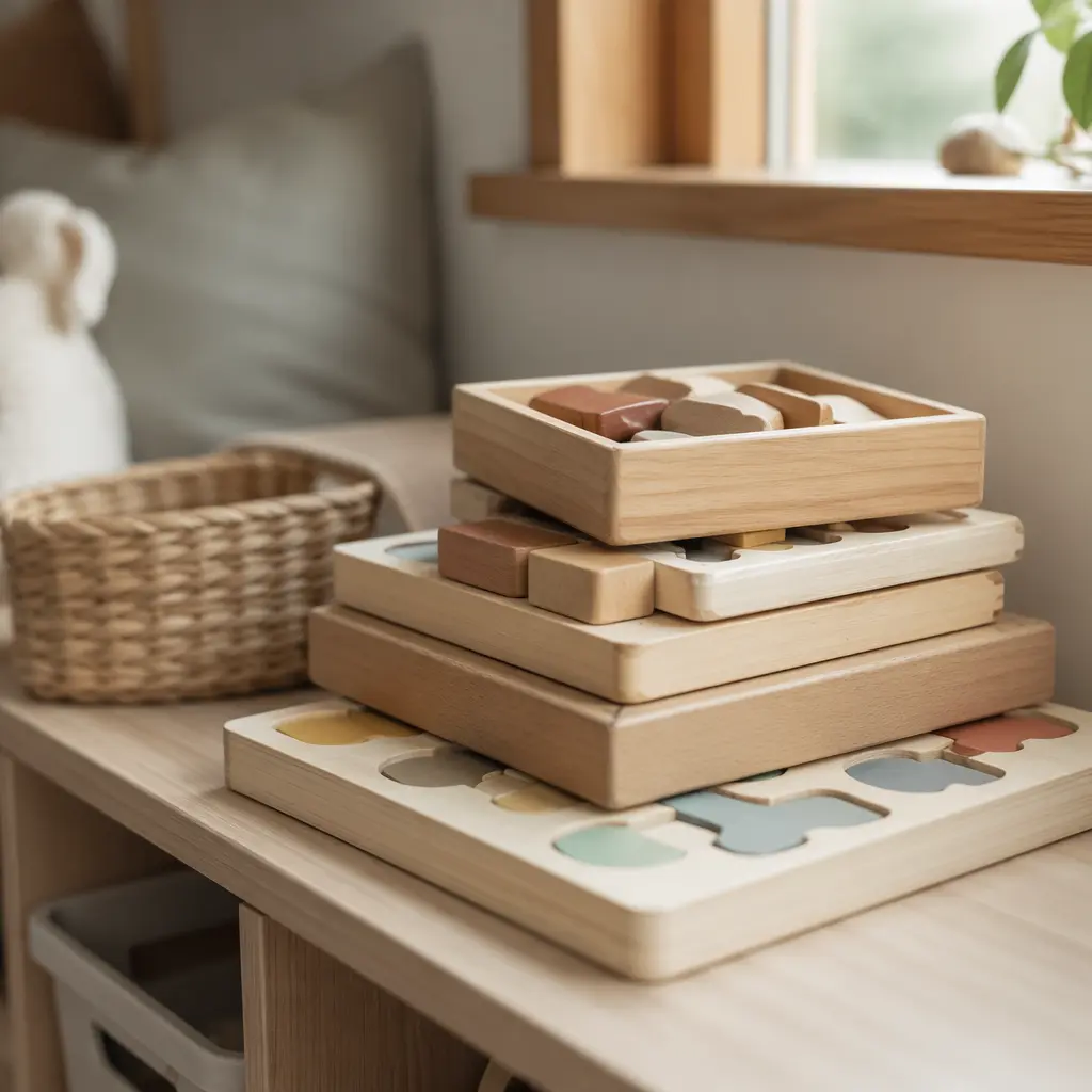 Calming puzzle toys arranged neatly in a quiet child’s room