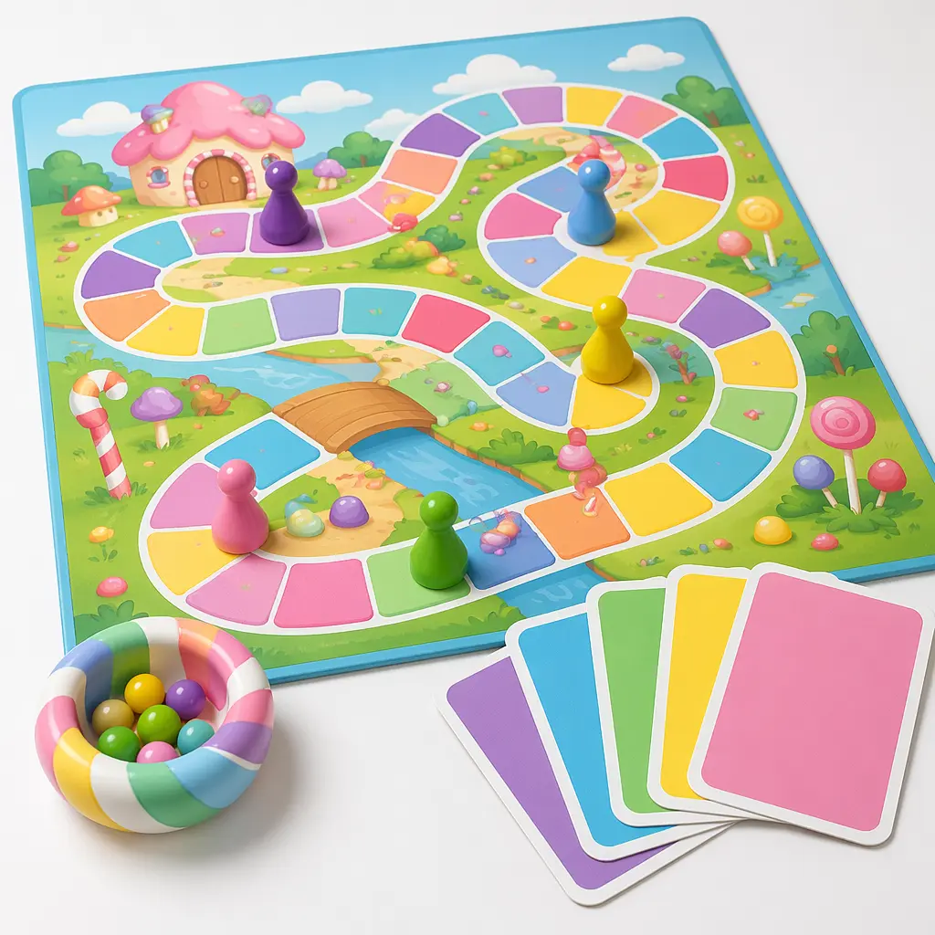 A colourful children's board game with a winding candy‑themed path and simple playing pieces