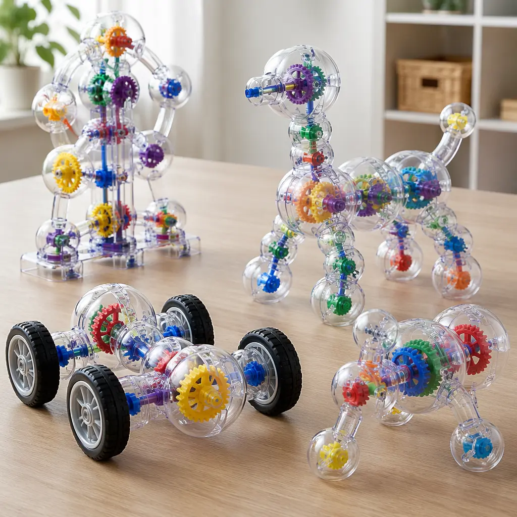 Clear capsule-based construction toy showing gears and wheels inside
