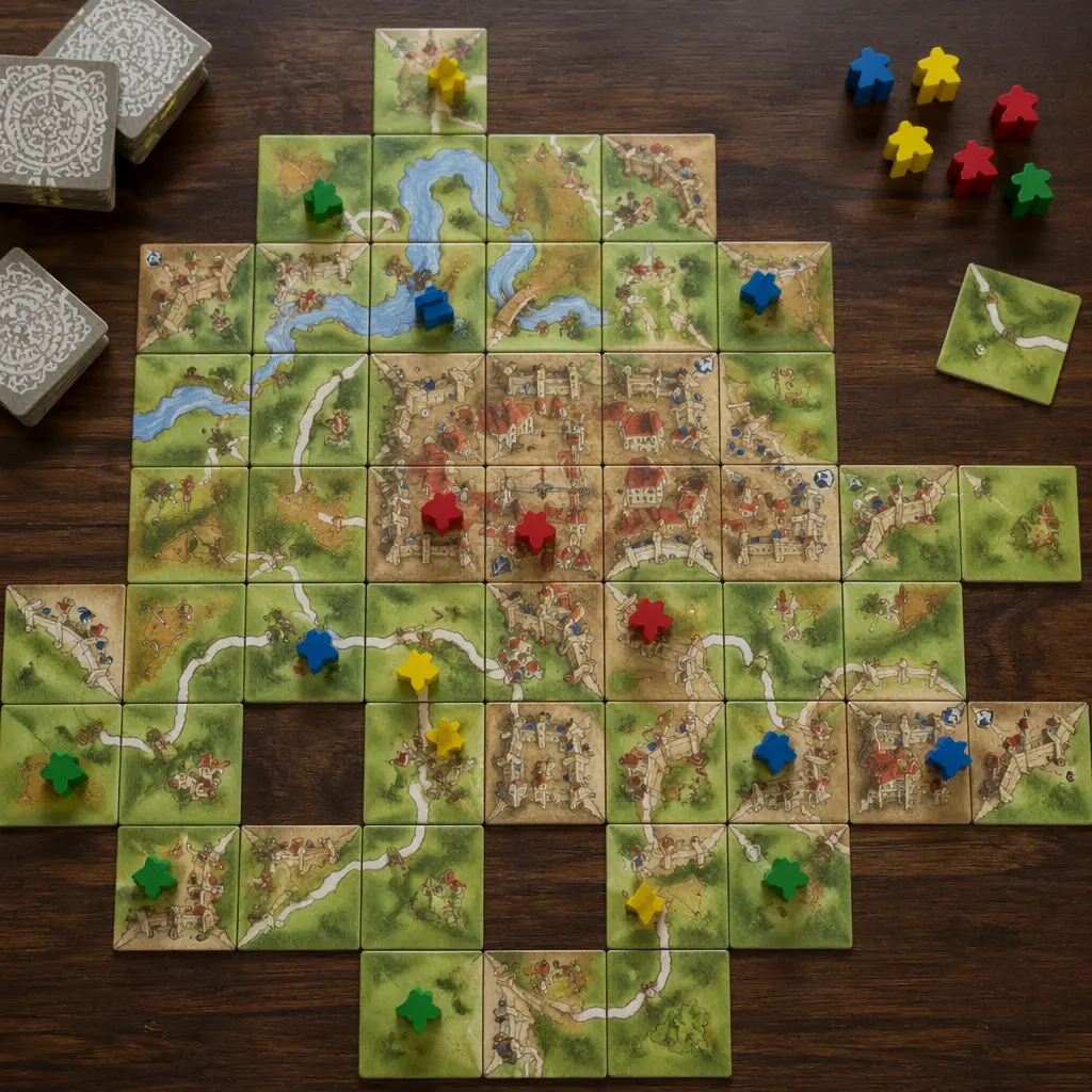 A tile‑laying board game in progress with medieval landscape tiles and small wooden pawns