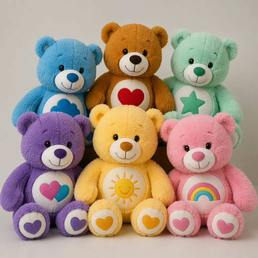 A group of colorful plush teddy bears with different belly symbols arranged together.