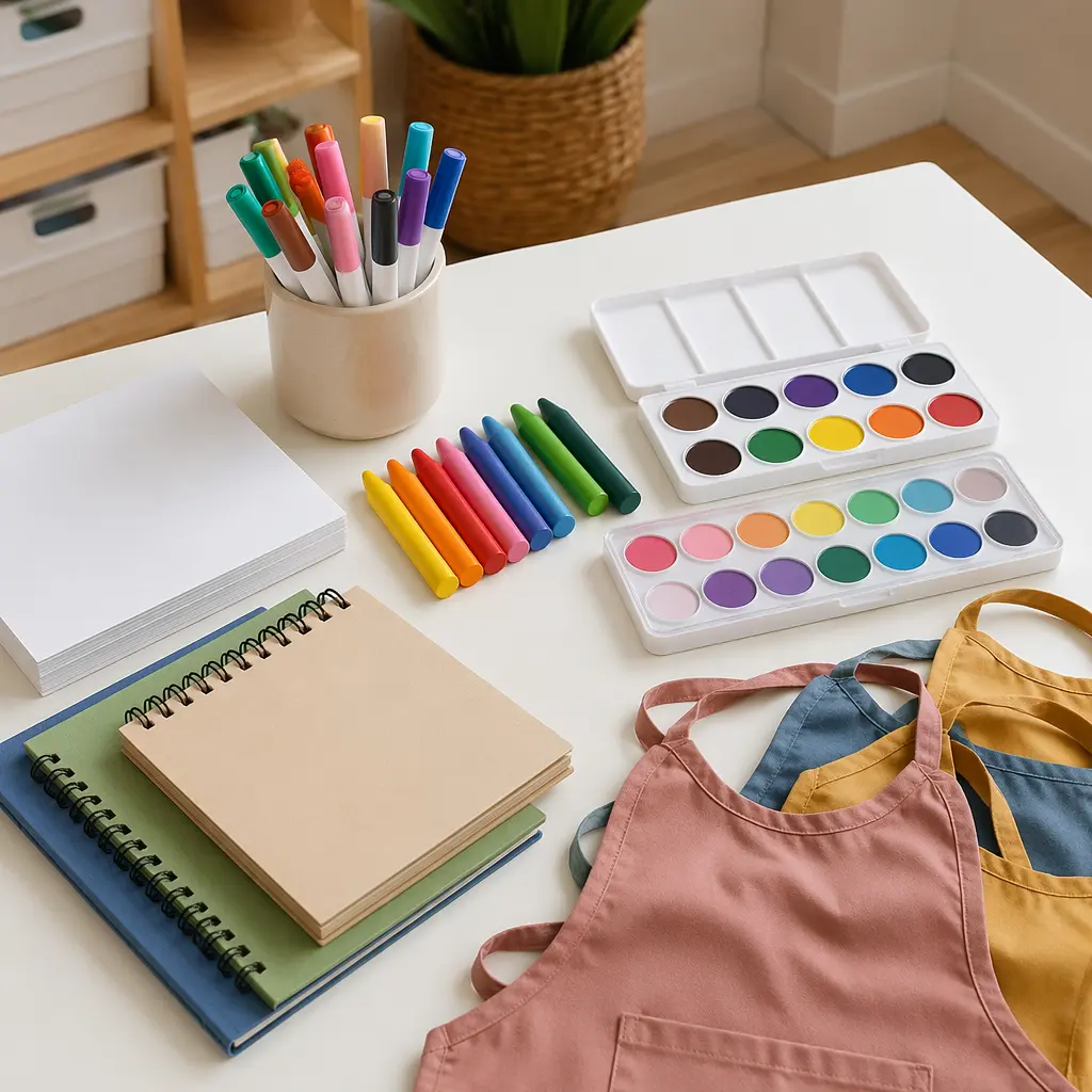 Affordable, low-mess art supplies arranged neatly on a table