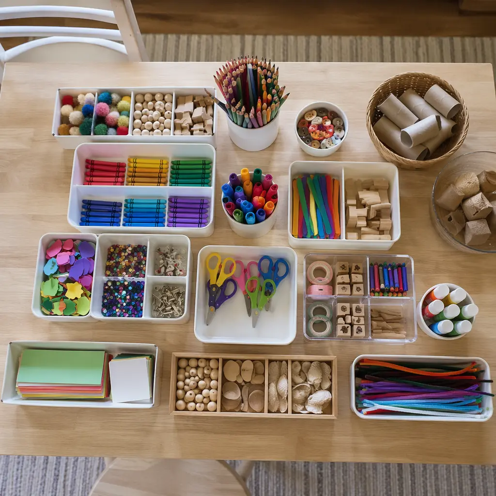 Organized craft supplies laid out neatly on a table.