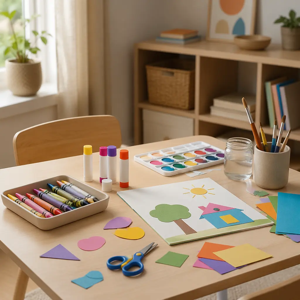 A clean craft table set up with simple art supplies for kids.