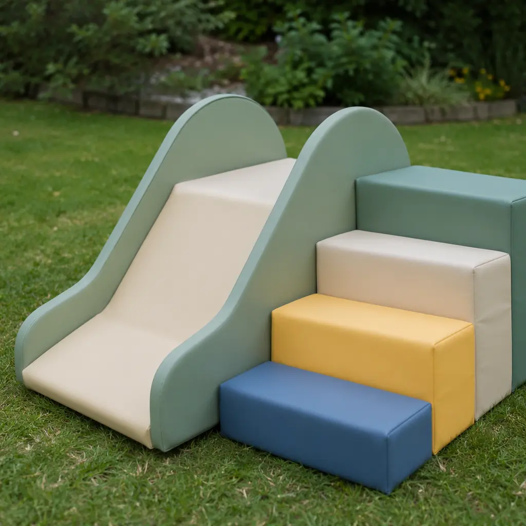 Low-height climbing toys arranged on grass for toddlers