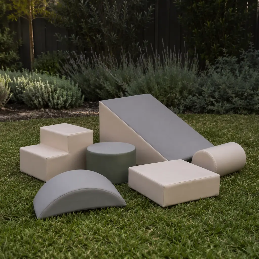 Foam climbing shapes and ramp arranged outdoors for toddler play