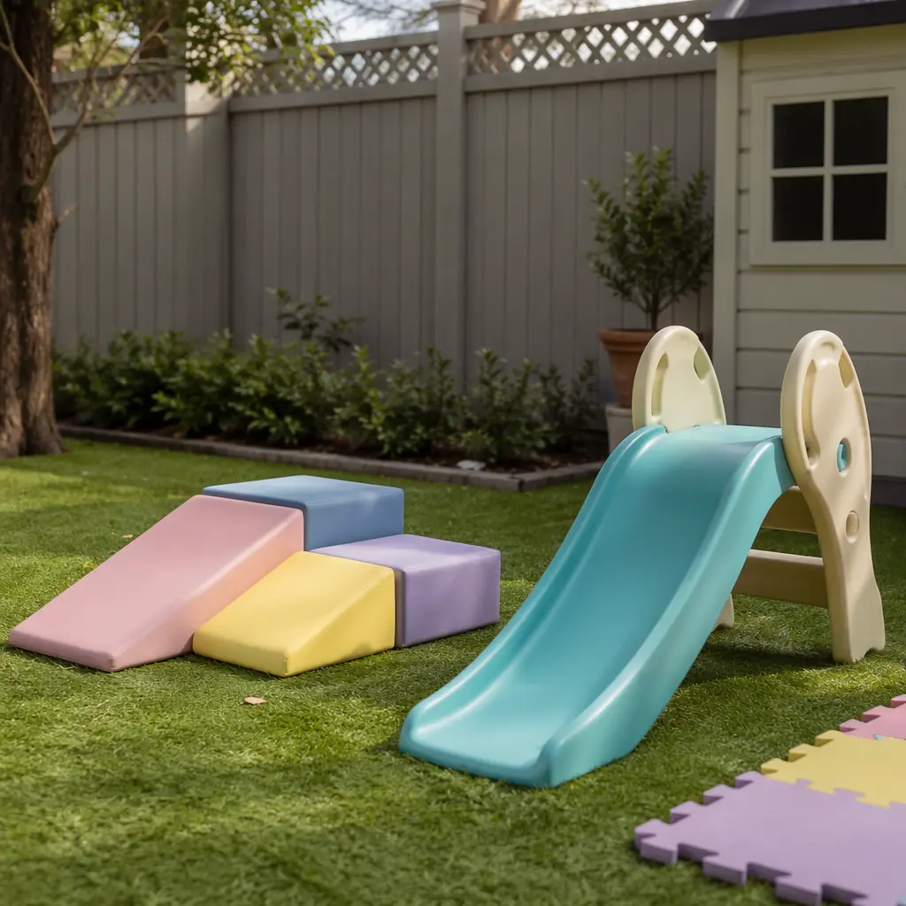 Simple backyard setup with low toddler climbing toys in soft natural light