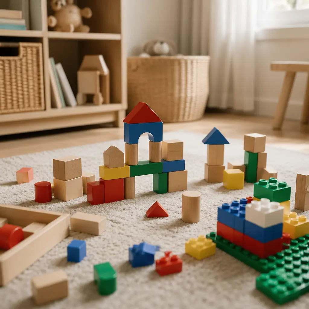 Classic building blocks arranged on a playroom floor