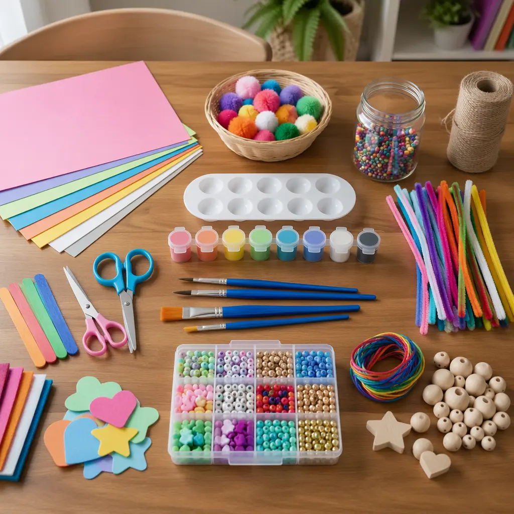Affordable kids craft supplies arranged neatly on a table