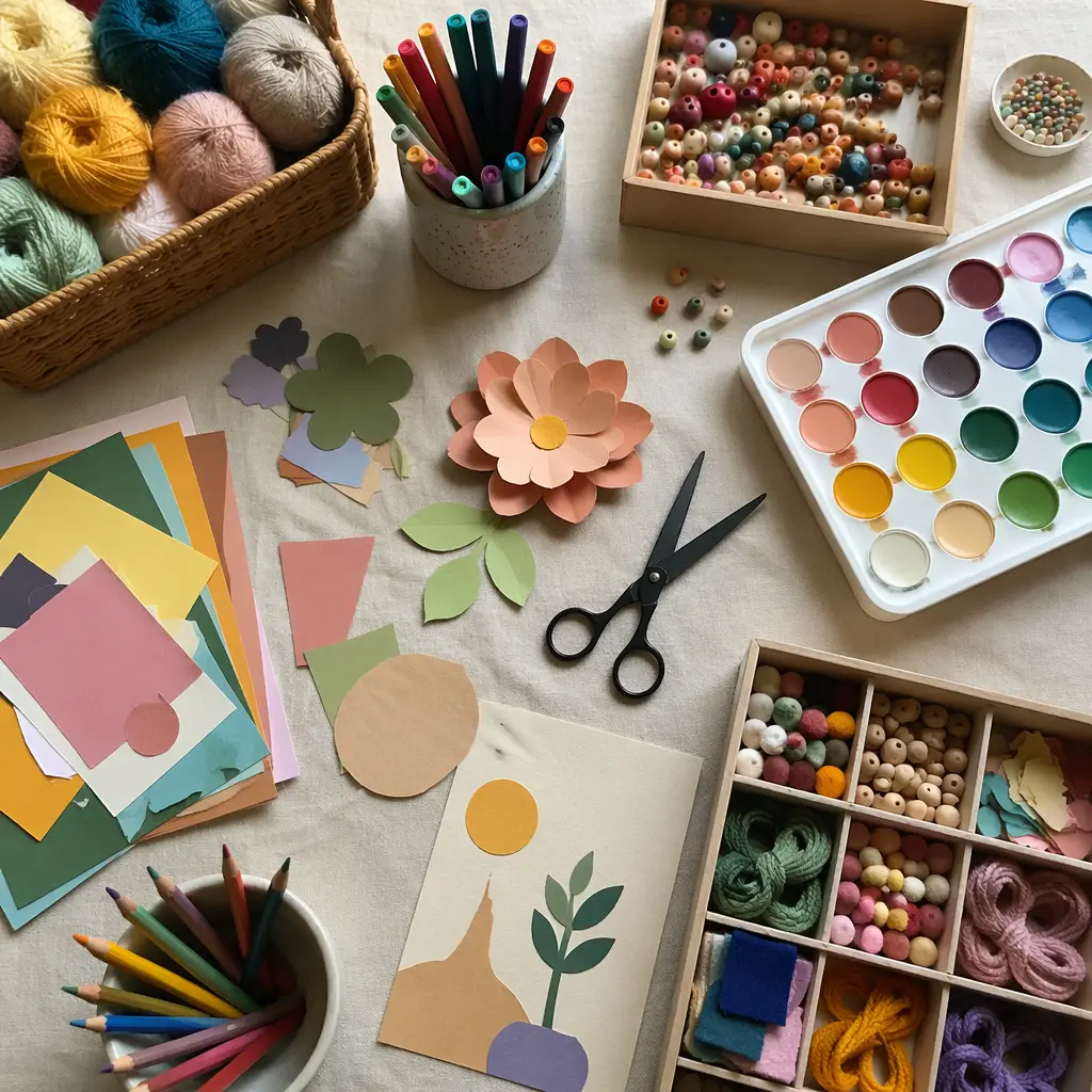 Assorted kids craft supplies arranged neatly on a table