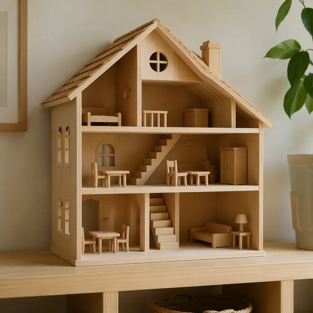 Open-back wooden dollhouse with simple rooms and furniture