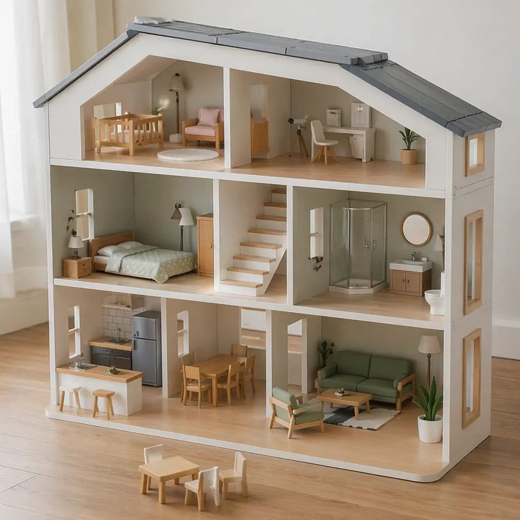 Modular dollhouse with movable rooms and furniture